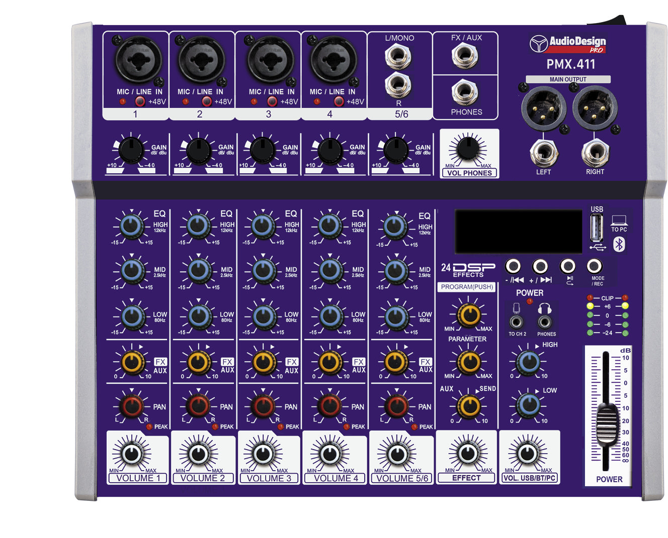 Mixer Audiodesign PMX.411 4+1+1 Canali - 24 effetti, USB
