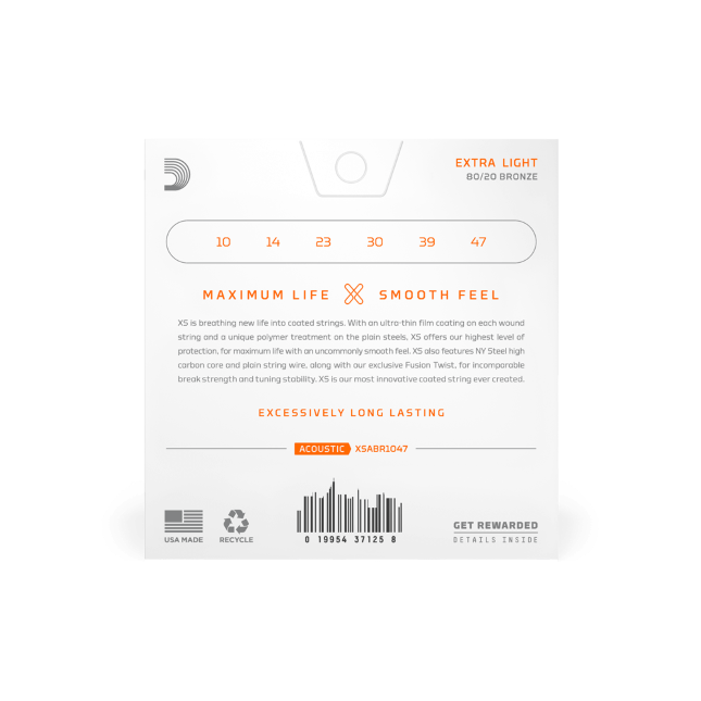 D'addario XSABR1047 Corde rivestite XS 80/20 Bronze per chitarra acustica, scalatura Extra Light 10-47