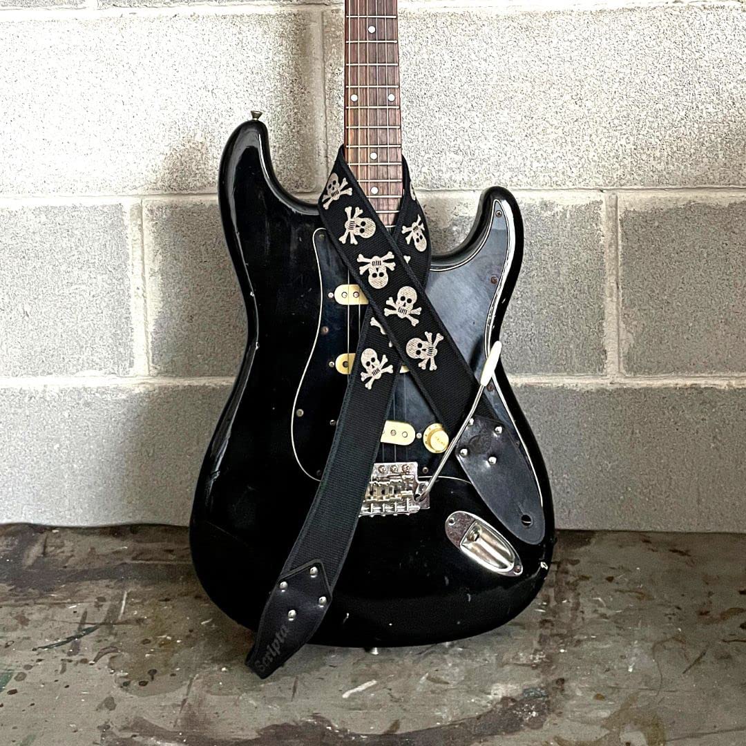 SCRIPTA TESCHI - Tracolla Chitarra Elettrica Personalizzata con immagini di teschi in Cotone Biologico e Vera Pelle Conciata in Toscana - colore Nero Brushed - Made in Italy