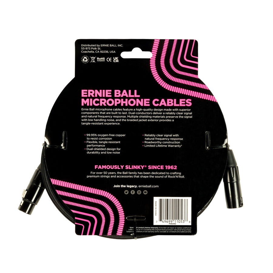ERNIE BALL - 6392 CAVO MICROFONICO BRAIDED NERO 6 M