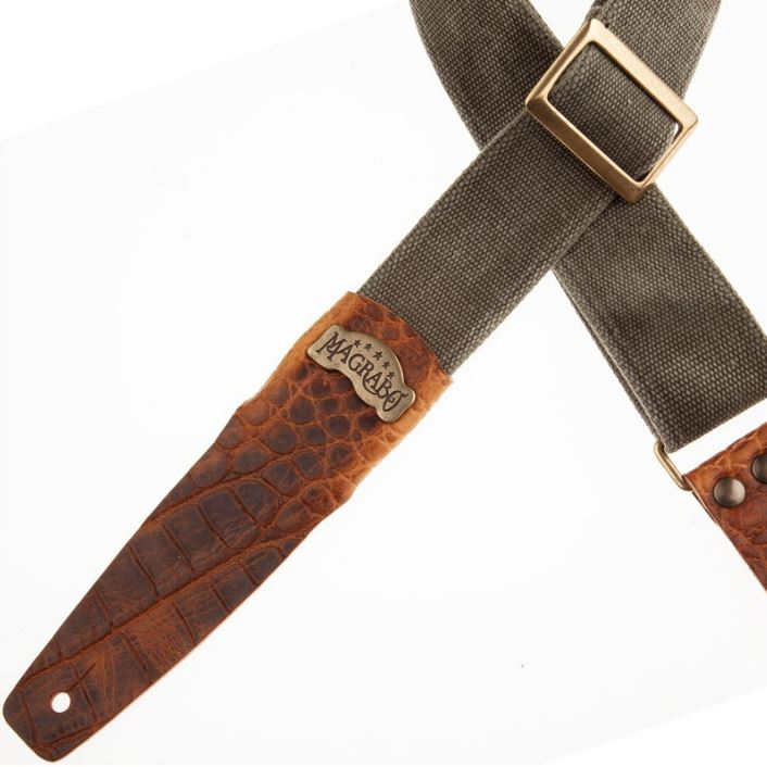 Magrabò tracolla per chitarra e basso Stripe SC Cotton Washed Verde Oliva 5 cm terminali Cocco Pros Marrone, fibbia Recta Ottone