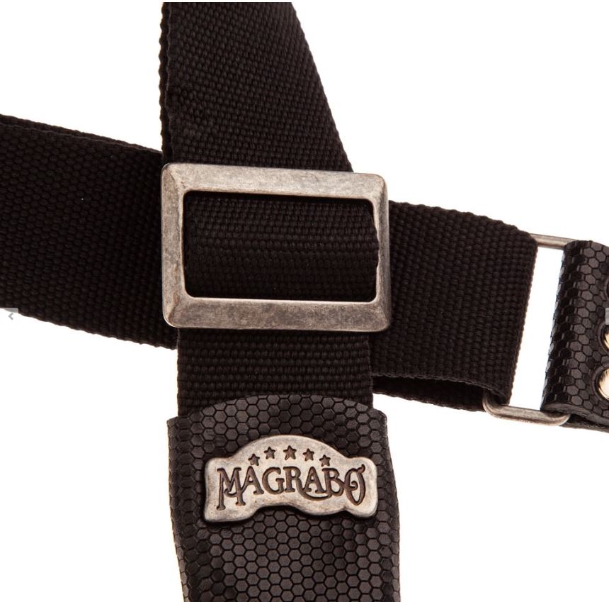 Magrabò Tracolla per chitarra e basso - Stripe SC Cotton Nero 5 cm terminali Twinkle Nero, fibbia Recta Argento
