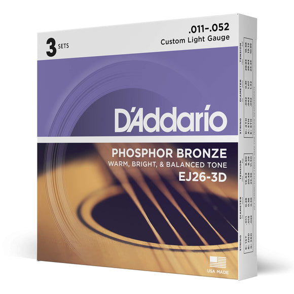 D'addario EJ26-3D  Corde EXP15 per chitarra acustica, in bronzo fosforoso, Extra Light, 11-52, 3 sets