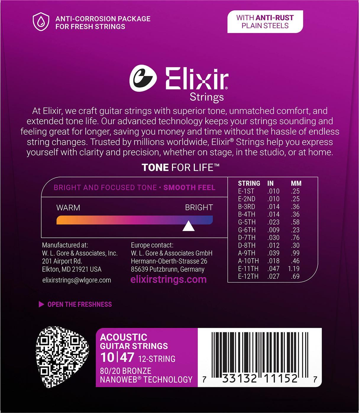 ELIXIR, MUTA PER CHITARRA ACUSTICA 12 corde 10 -47 Bronze - 11152