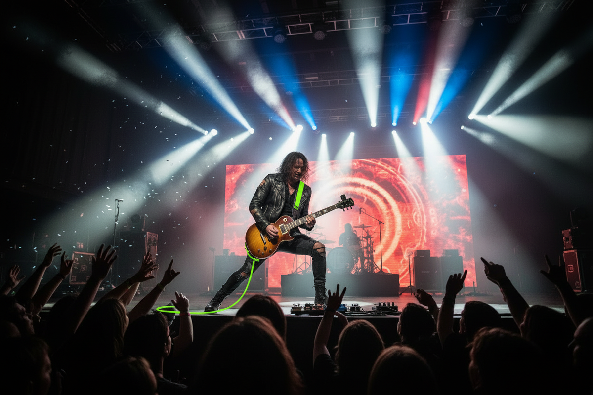 Chitarrista rock con accordatore e accessori fluo