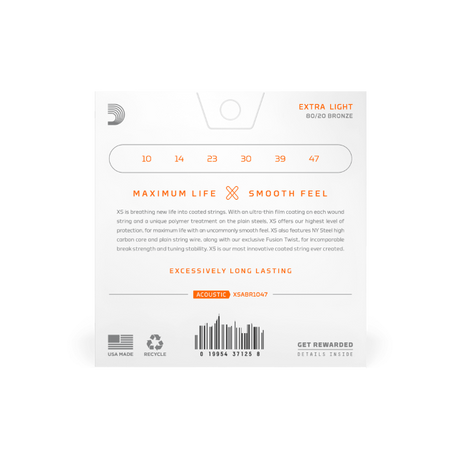 D'addario XSABR1047  Corde rivestite XS 80/20 Bronze per chitarra acustica, scalatura Extra Light 10-47