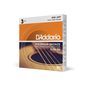 D'addario EJ15-3D  Corde EXP15 per chitarra acustica, in bronzo fosforoso, Extra Light, 10-47, 3 sets