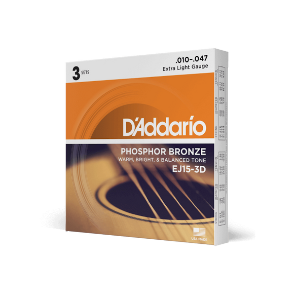 D'addario EJ15-3D  Corde EXP15 per chitarra acustica, in bronzo fosforoso, Extra Light, 10-47, 3 sets