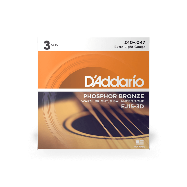 D'addario EJ15-3D  Corde EXP15 per chitarra acustica, in bronzo fosforoso, Extra Light, 10-47, 3 sets