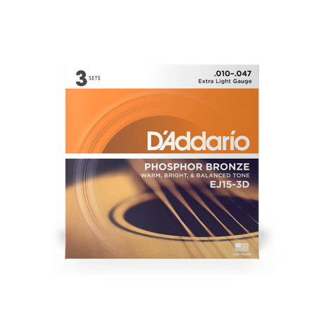 D'addario EJ15-3D  Corde EXP15 per chitarra acustica, in bronzo fosforoso, Extra Light, 10-47, 3 sets