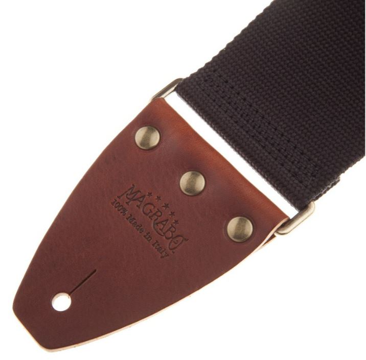 Magrabò, Tracolla per chitarra e basso - Stripe SC Entry Nero 8 cm terminali Marrone fibbia Ottone