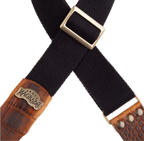 Magrabò Tracolla per chitarra e basso - Stripe SC Cotton Nero 5 cm terminali Cocco Pros Marrone, fibbia Recta Ottone