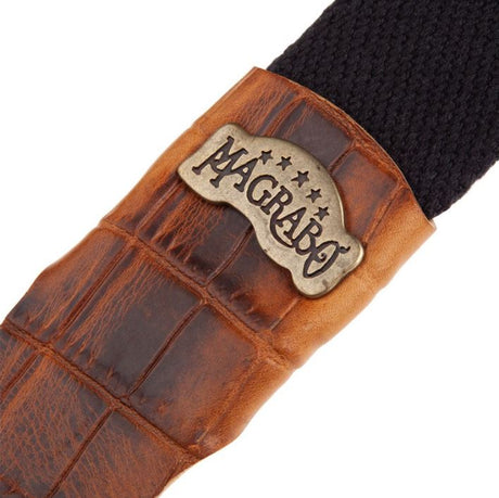 Magrabò Tracolla per chitarra e basso - Stripe SC Cotton Nero 5 cm terminali Cocco Pros Marrone, fibbia Recta Ottone