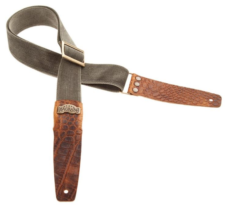 Magrabò tracolla per chitarra e basso Stripe SC Cotton Washed Verde Oliva 5 cm terminali Cocco Pros Marrone, fibbia Recta Ottone