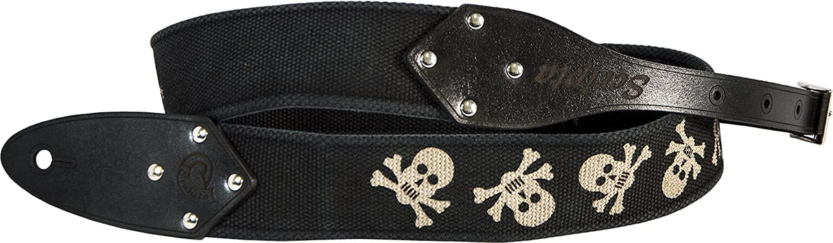 SCRIPTA TESCHI - Tracolla Chitarra Elettrica Personalizzata con immagini di teschi in Cotone Biologico e Vera Pelle Conciata in Toscana - colore Nero Brushed - Made in Italy