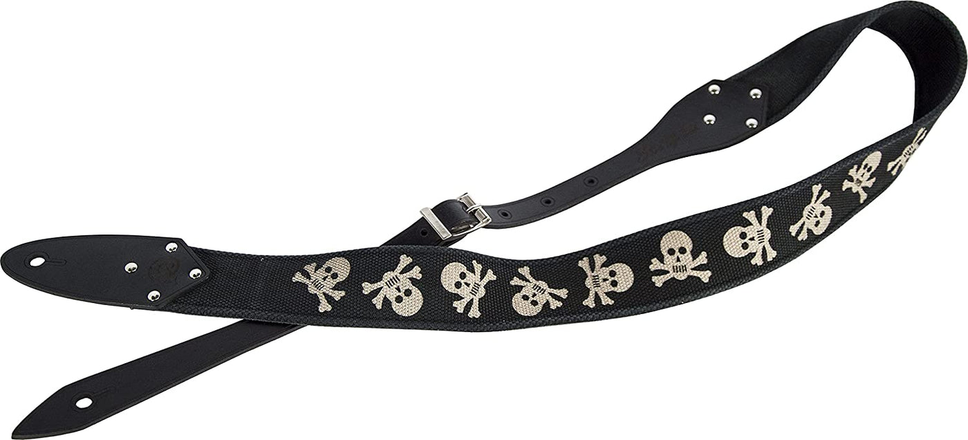 SCRIPTA TESCHI - Tracolla Chitarra Elettrica Personalizzata con immagini di teschi in Cotone Biologico e Vera Pelle Conciata in Toscana - colore Nero Brushed - Made in Italy