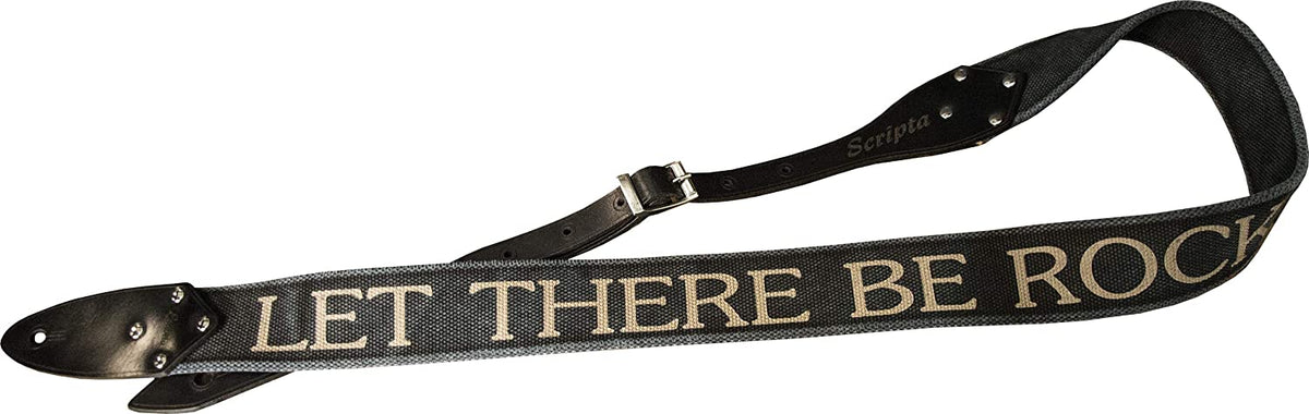 SCRIPTA LET THERE BE ROCK - Tracolla Chitarra Elettrica Personalizzata con scritta incisa in Cotone Biologico e Vera Pelle Conciata in Toscana - colore Nero Brushed - Made in Italy