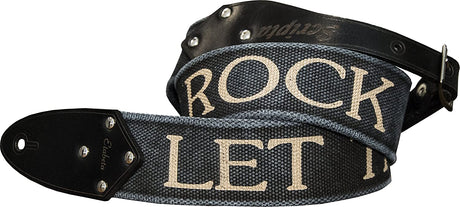 SCRIPTA LET THERE BE ROCK - Tracolla Chitarra Elettrica Personalizzata con scritta incisa in Cotone Biologico e Vera Pelle Conciata in Toscana - colore Nero Brushed - Made in Italy